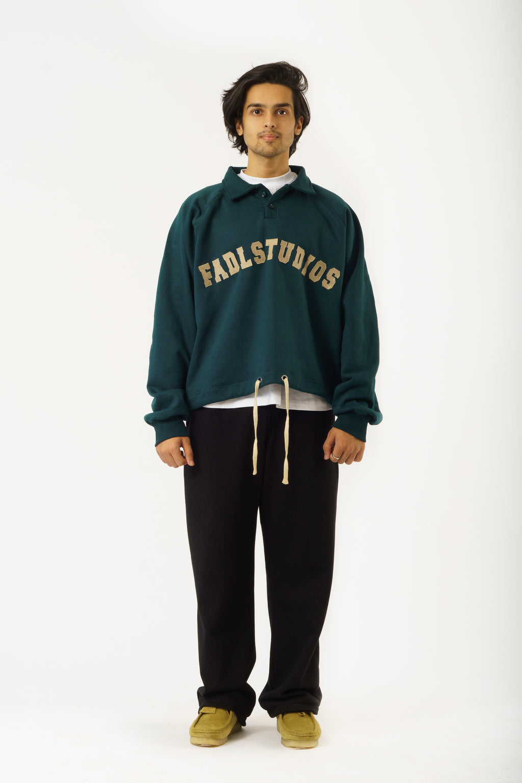 Drawcord Polo Sweatshirt- Pine