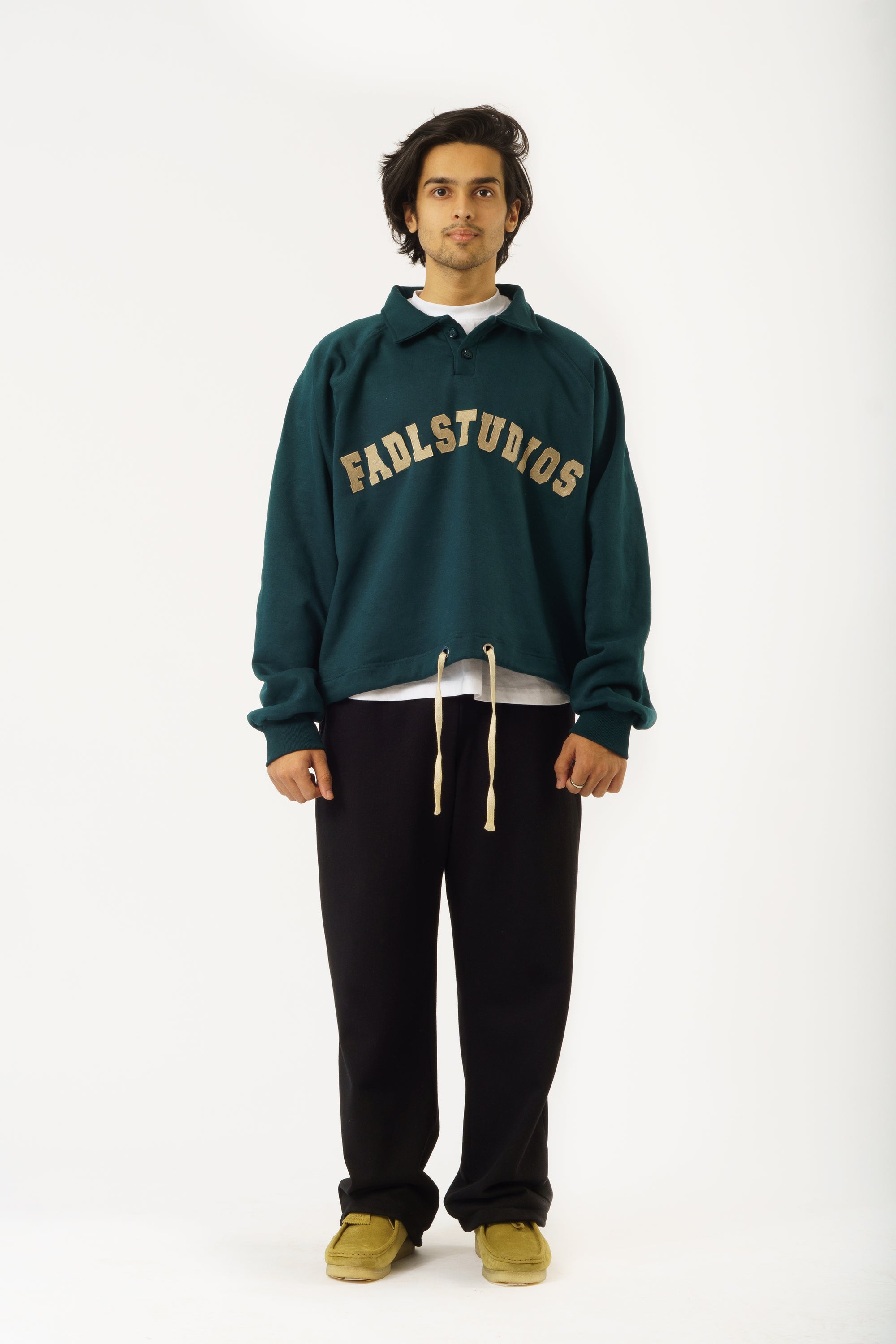 Drawcord Polo Sweatshirt- Pine