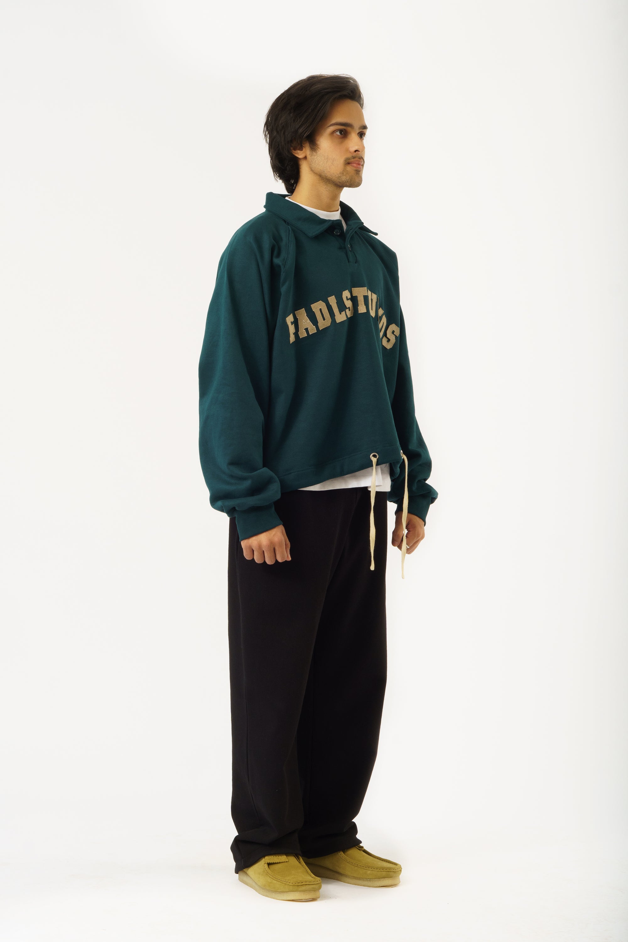 Drawcord Polo Sweatshirt- Pine