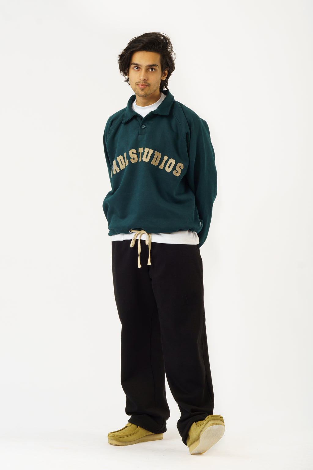 Drawcord Polo Sweatshirt- Pine