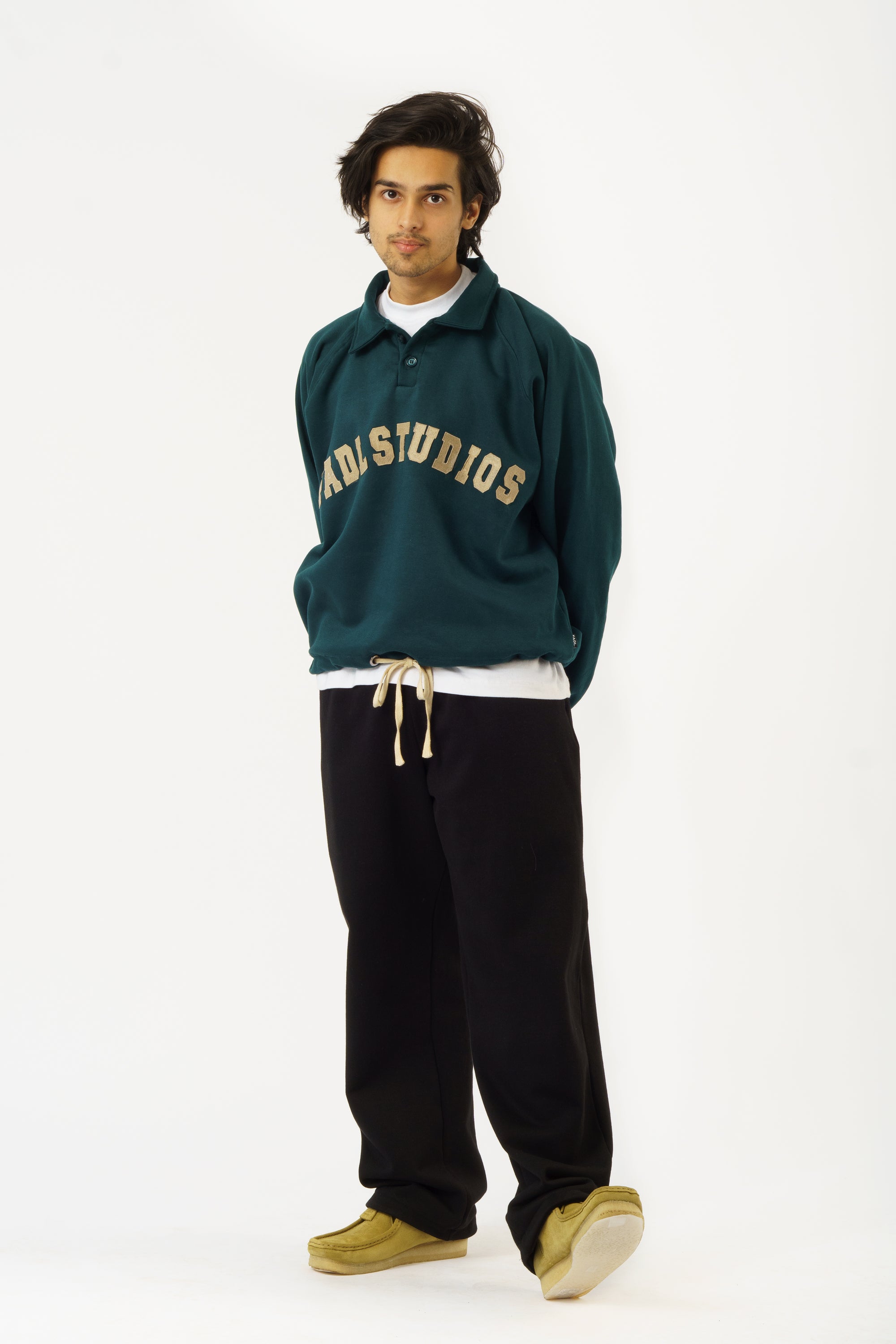 Drawcord Polo Sweatshirt- Pine