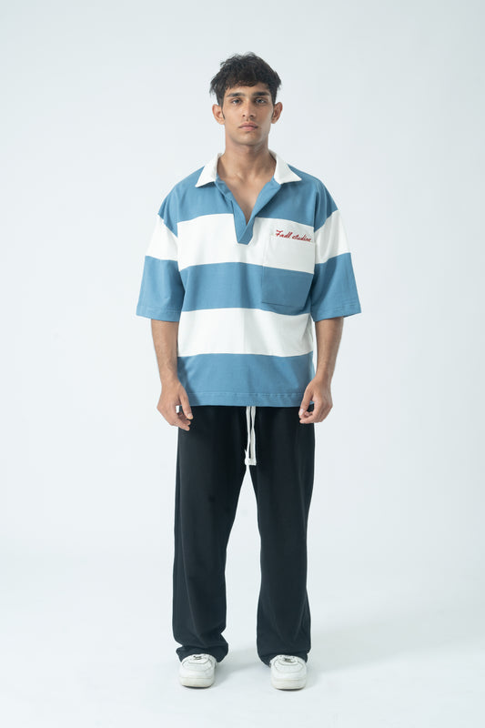 Striped polo - Dusty blue / off-white